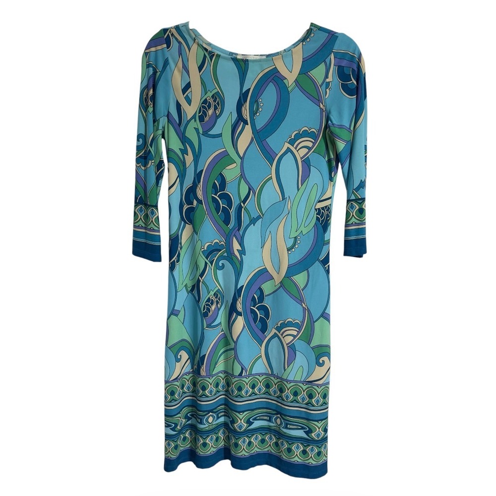 London Times Blue Green Psychedelic Paisley Sheath Dress Scoop Neck 0